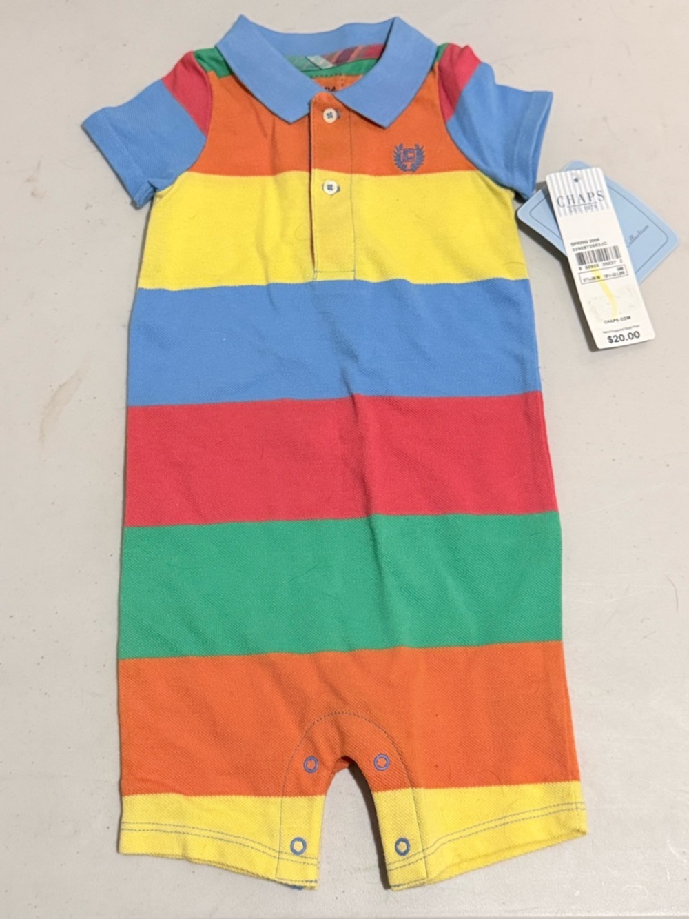 Chaps Rainbow Striped Polo Shortall Romper in Bright Multi Colors